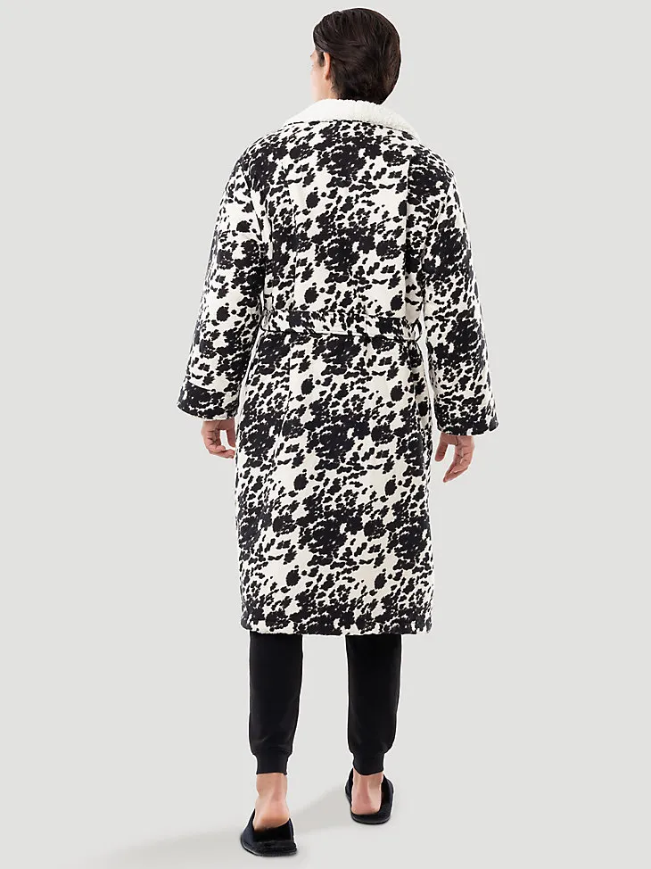 FLANNEL COW PRINT SHERPA LINED ROBE IN CAVIAR