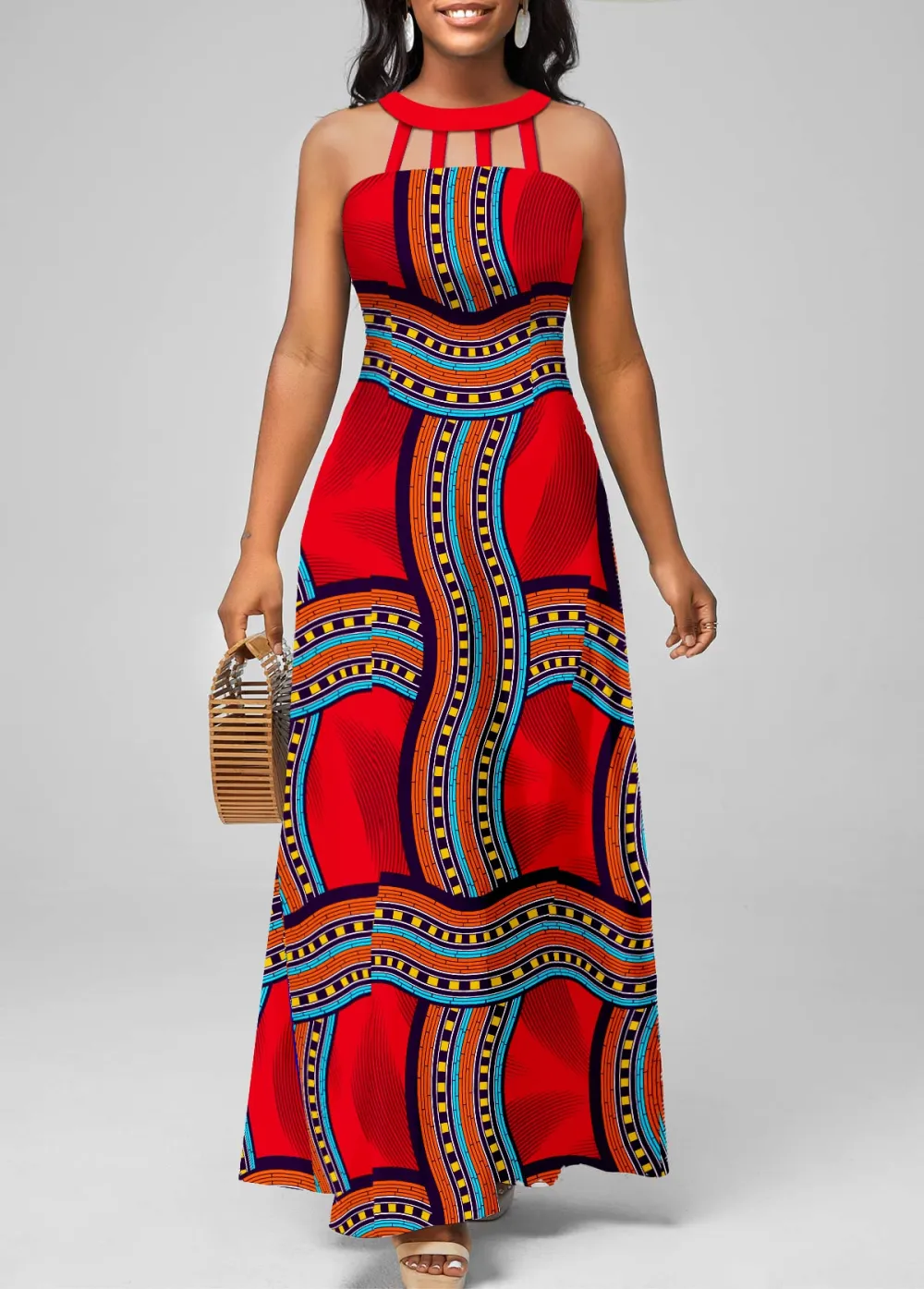 Tribal Print Cage Neck Royal Blue Maxi Dress