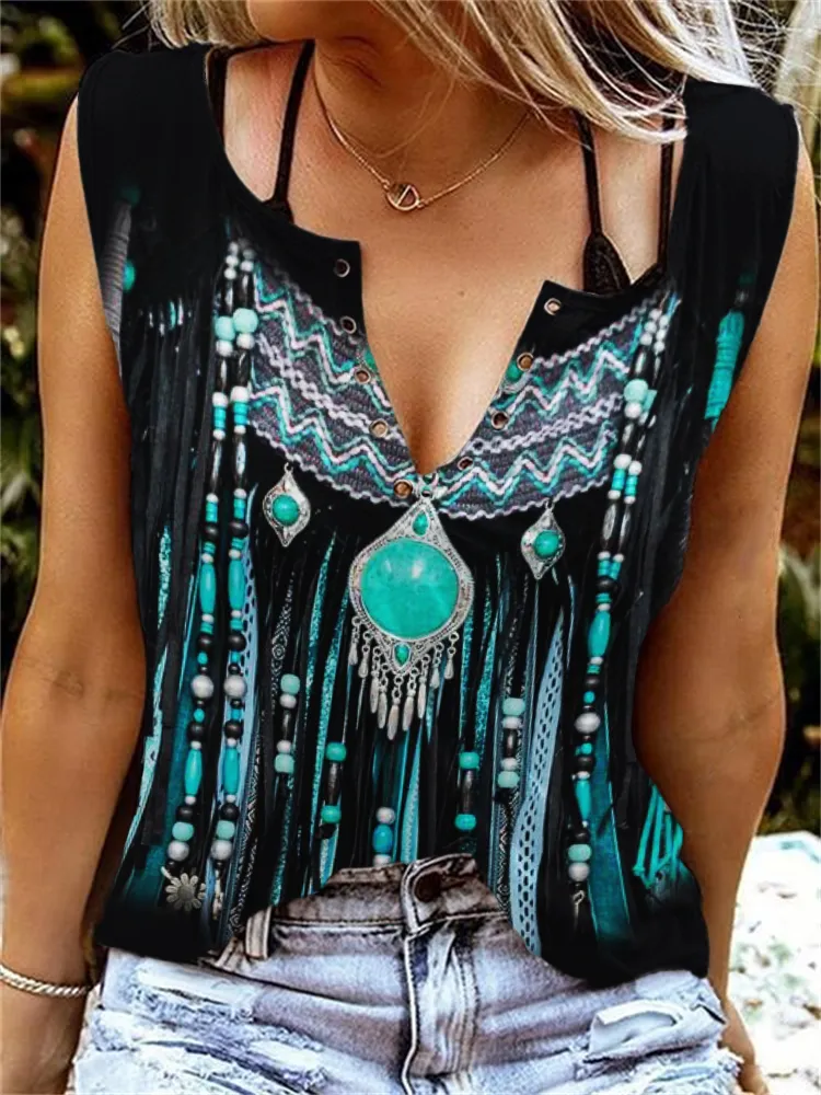 Western Turquoise Leather Art Notch Neck Tank Top