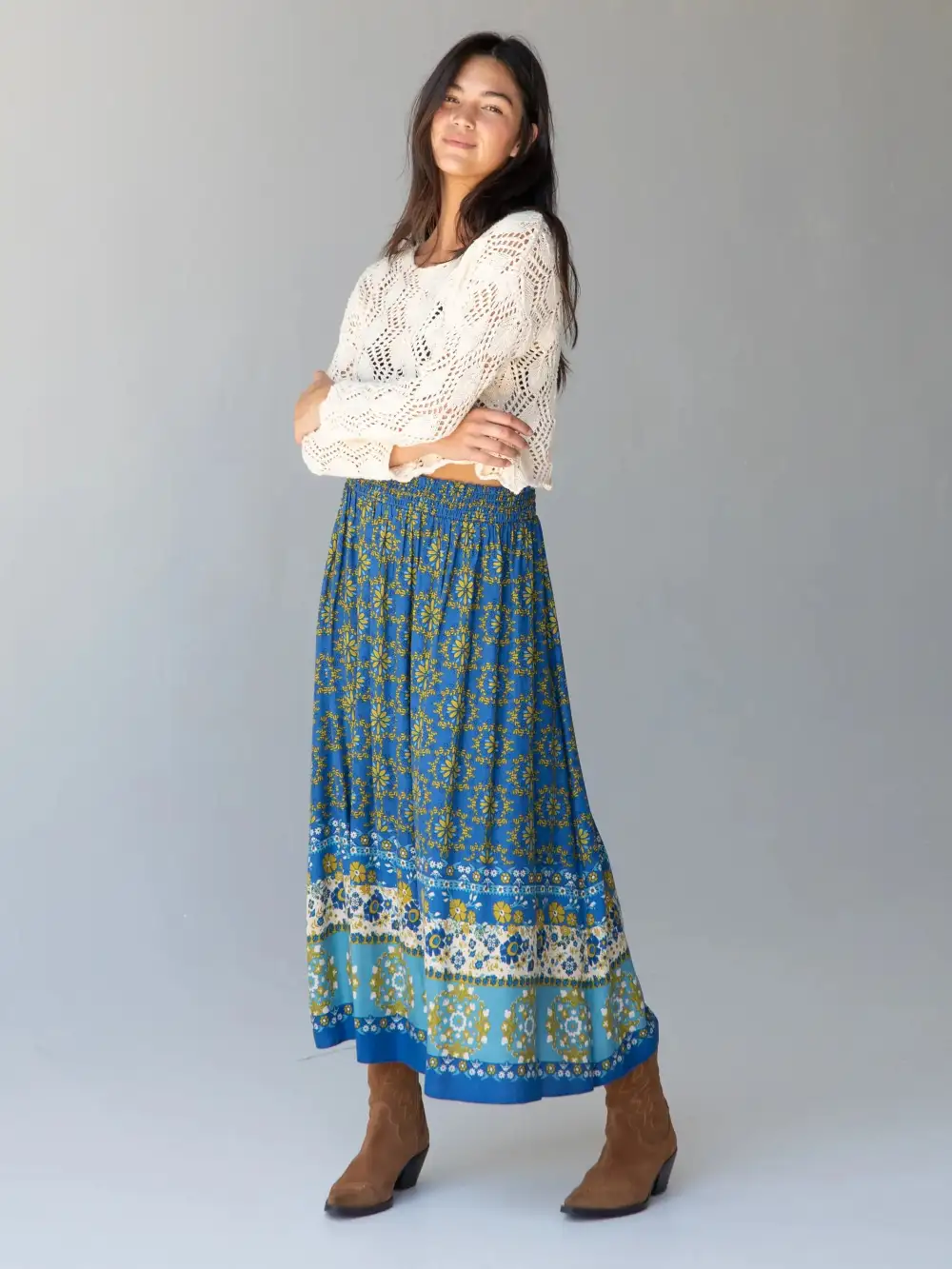 Maylin Midi Skirt - Blue Border Print