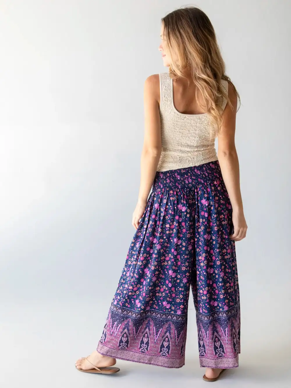 Make A Move Wide-Leg Palazzo Pant - Navy Pink Border