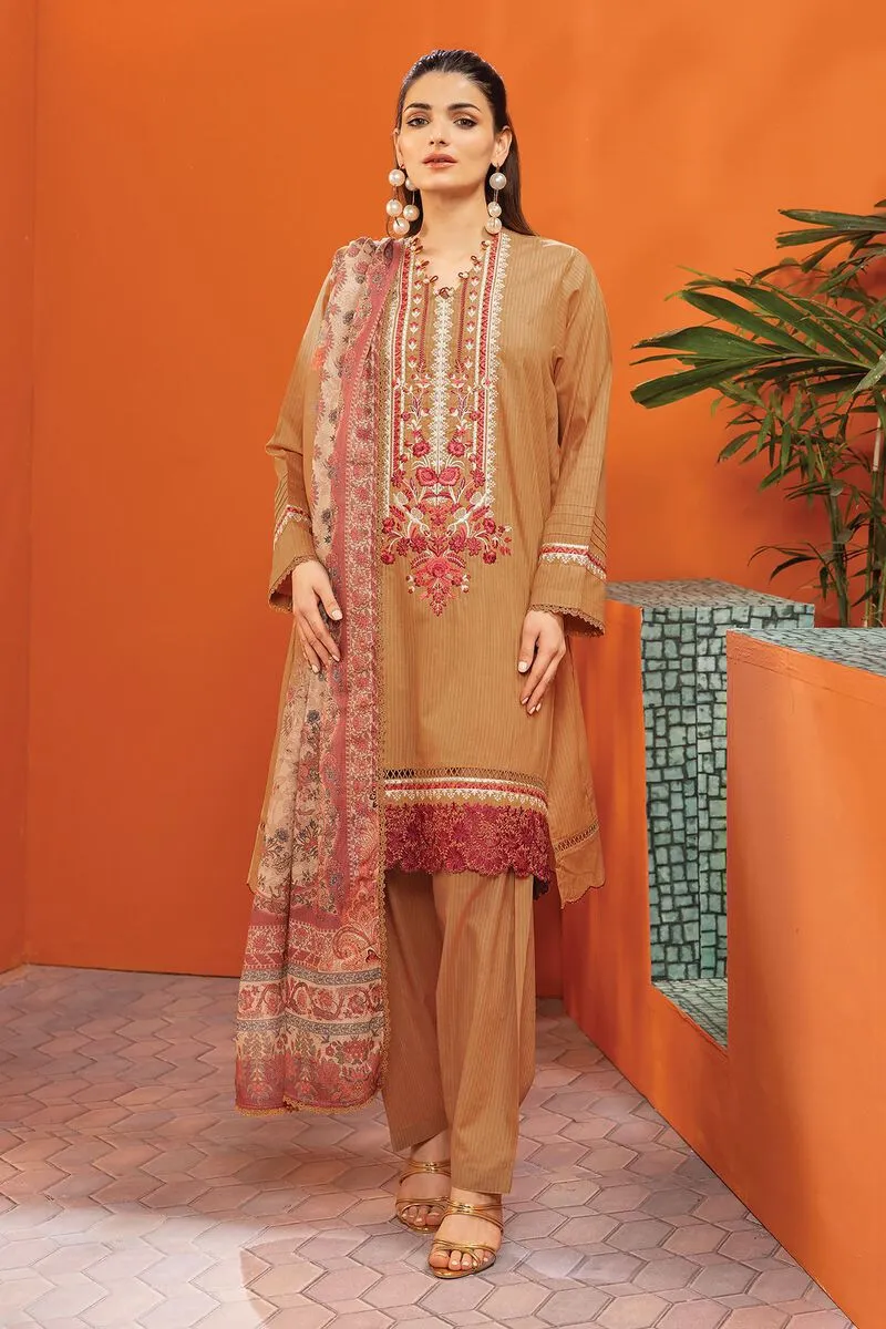 3 Piece Kurta Embroidered | Dupatta& Bottom & Tops | Color Brown