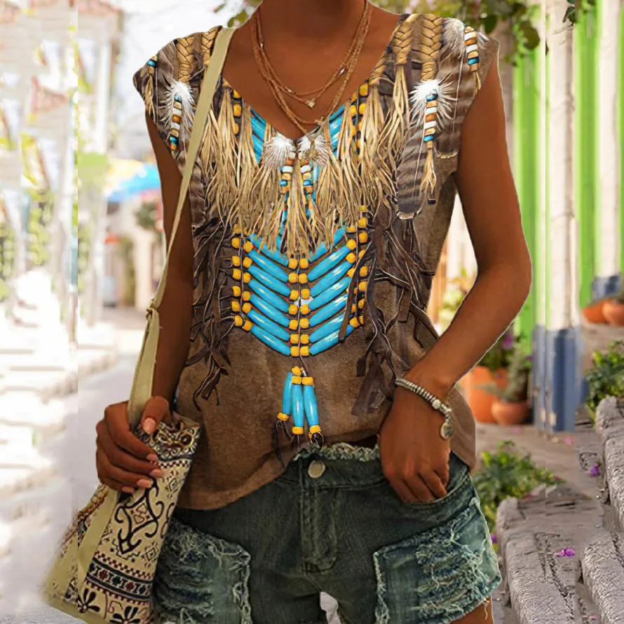 Western Tribal Printed V Neck Tank Top