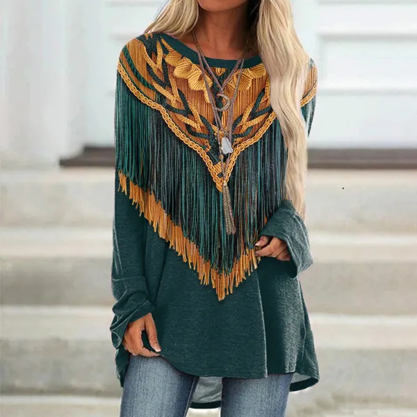 Vintage Western Tassel Print Round Neck Casual Tunic