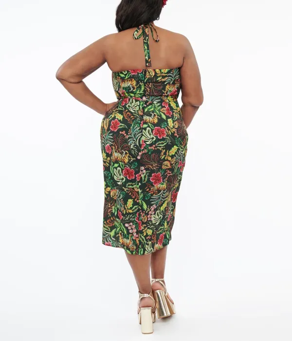 Unique Vintage Plus Size Green Jungle Cat Print Leilani Sarong Dress