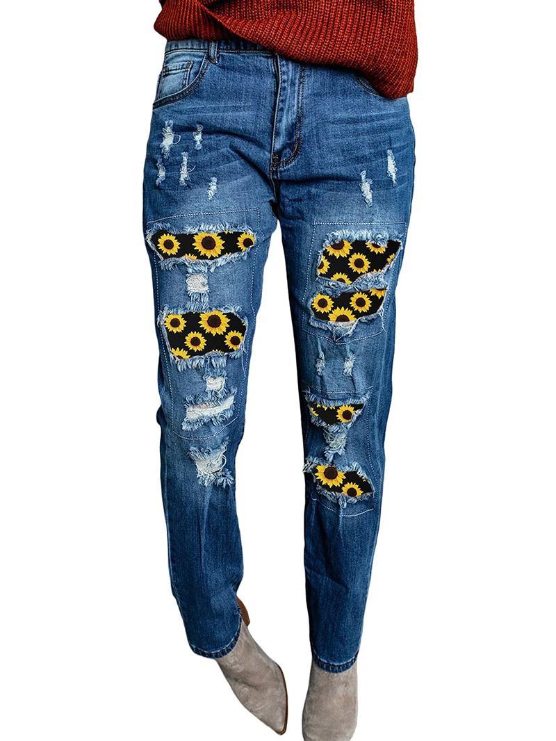 Women's Vintage Sunflower Print Patchwork Jeans