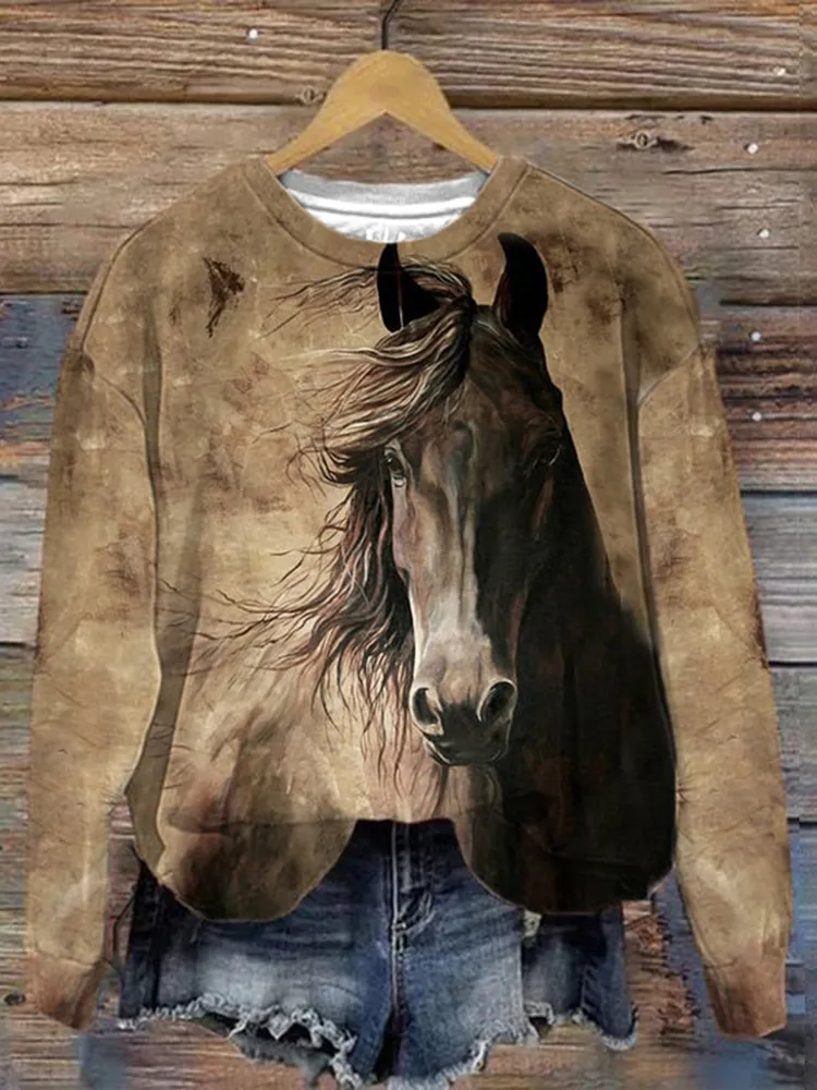 Vintage Horse Print Crew Neck Sweatshirt