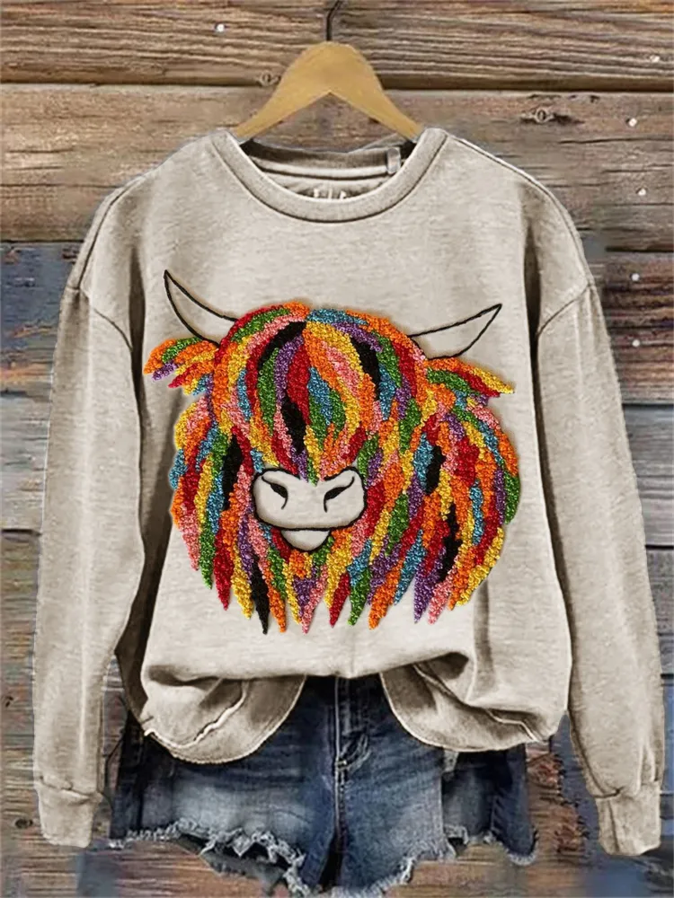 Colorful Highland Cow Embroidery Art Sweatshirt