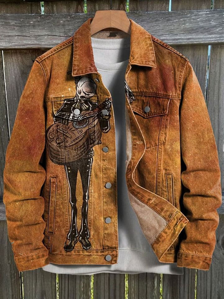 Playing Guitar While Hanging A Skeleton Art Print Casual Denim Jacket