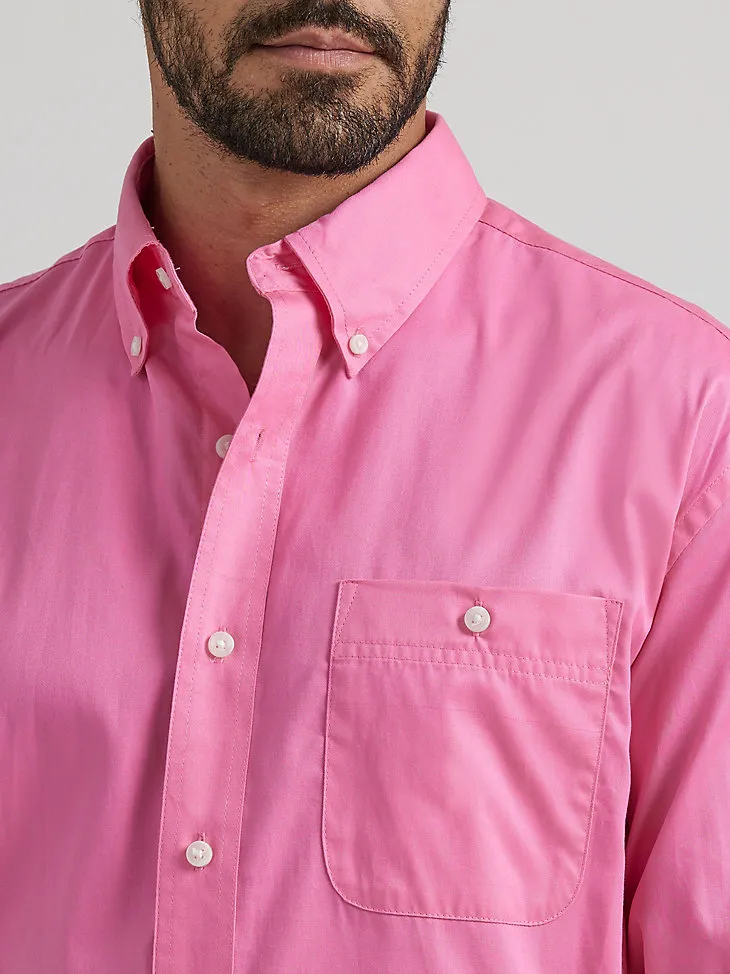 MEN'S WRANGLER BUCKING CANCER BUTTON DOWN SHIRT IN PALE PINK