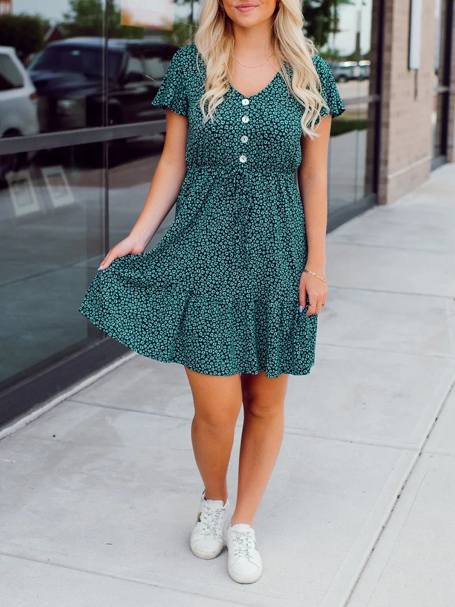 Green Flower Pattern Button Dress