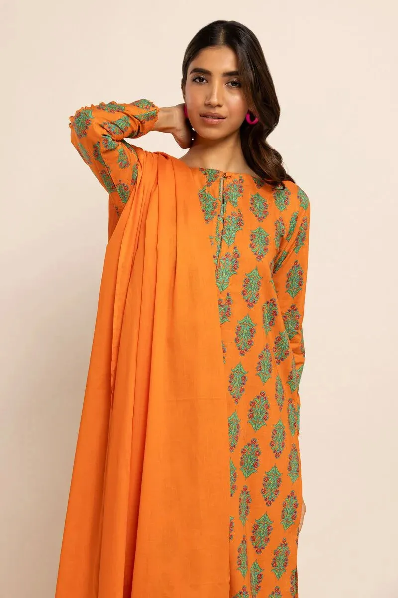 3 Piece Kurta Embroidered | Dupatta& Bottom & Tops | Color Orange