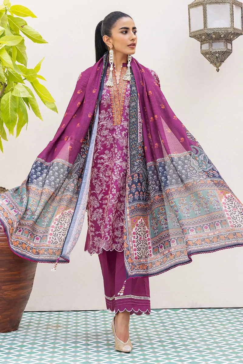 3 Piece Kurta Embroidered | Dupatta& Bottom & Tops | Color Purple