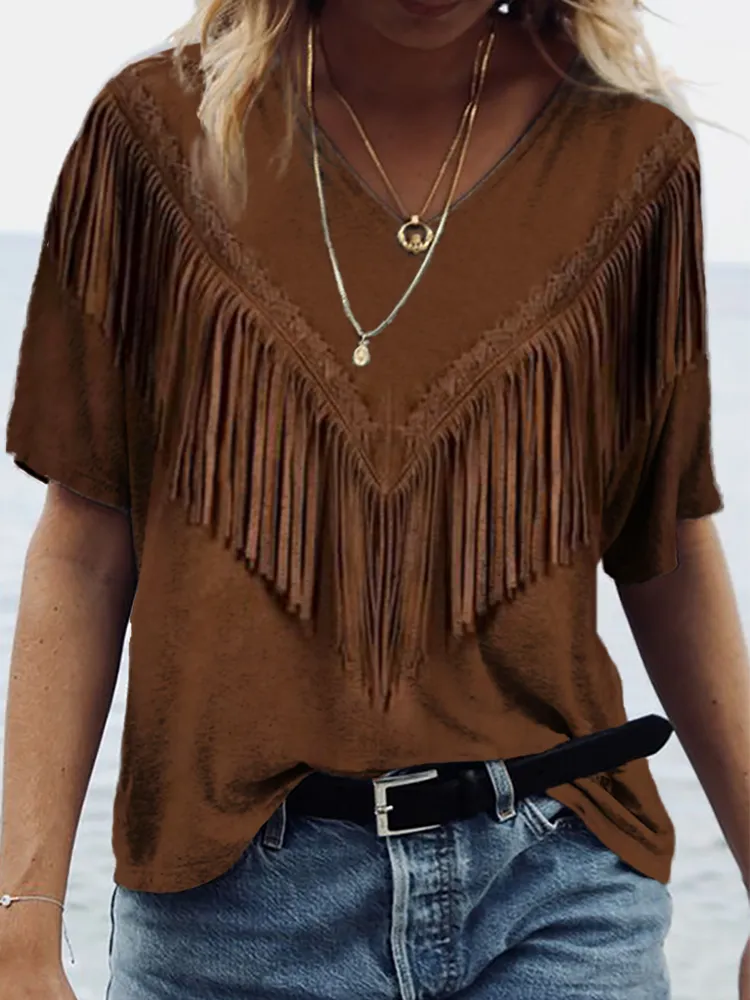 Vintage Western Fringe Art V Neck Comfy T Shirt