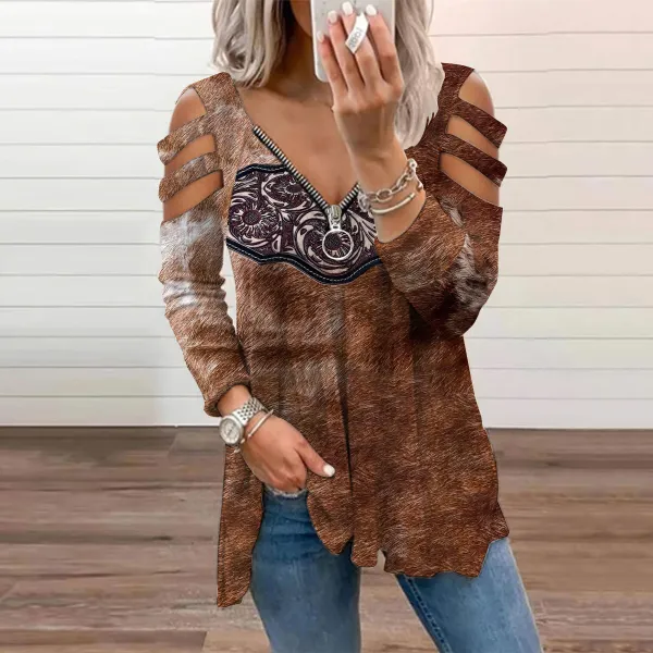 Western Floral Leather Print Women'S T-Shirt