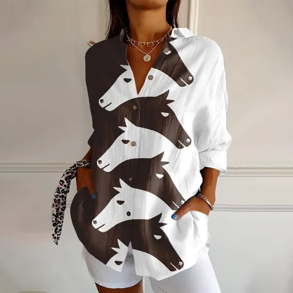 Horse Print Long Sleeve Casual Shirt