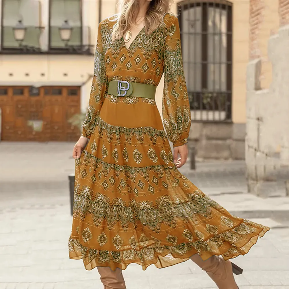 Baroque Print V-Neck Long Sleeved Midi Dress