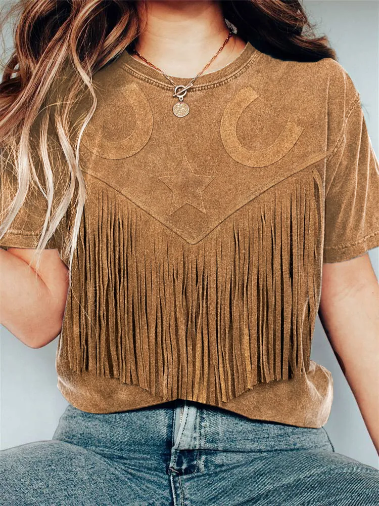 Western Leather Fringe Cozy Vintage T-Shirt