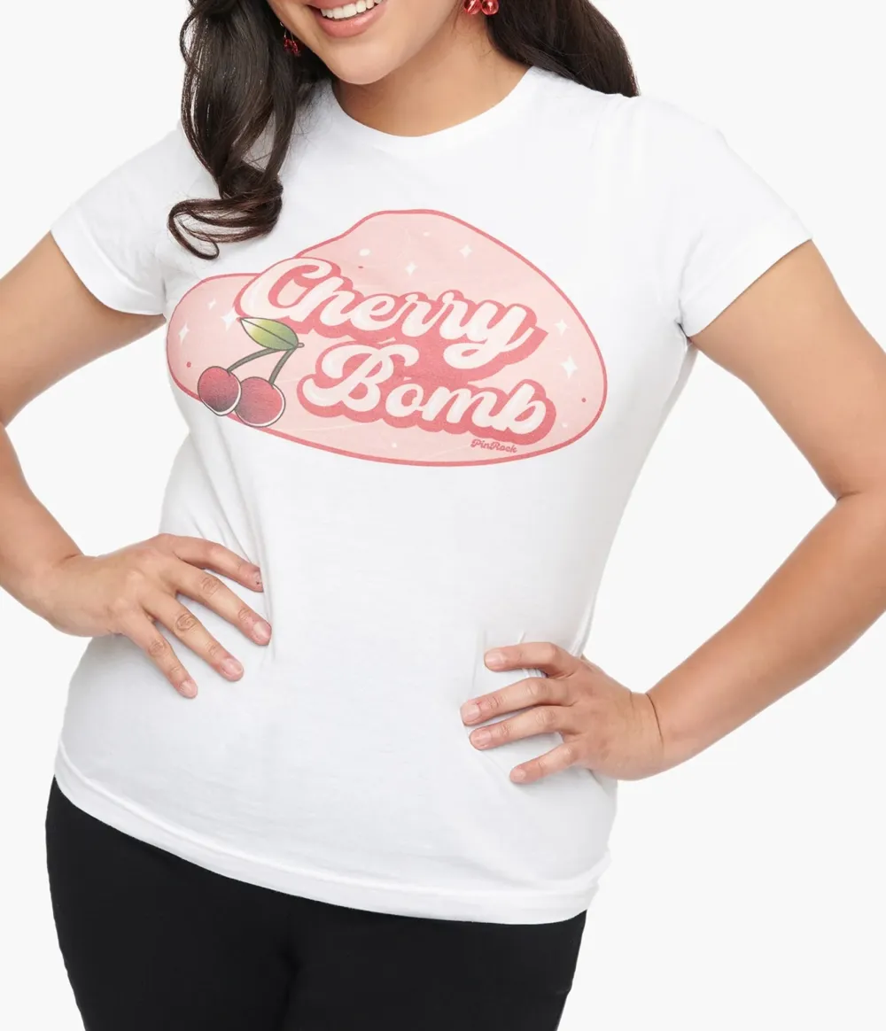 1950s White And Red Cherry Bomb Fitted Graphic Tee