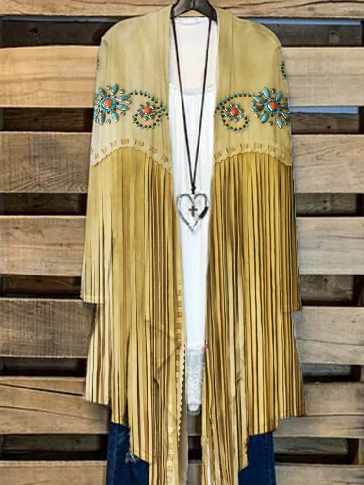 Western Vintage Leather Fringe Art Flowy Cardigan