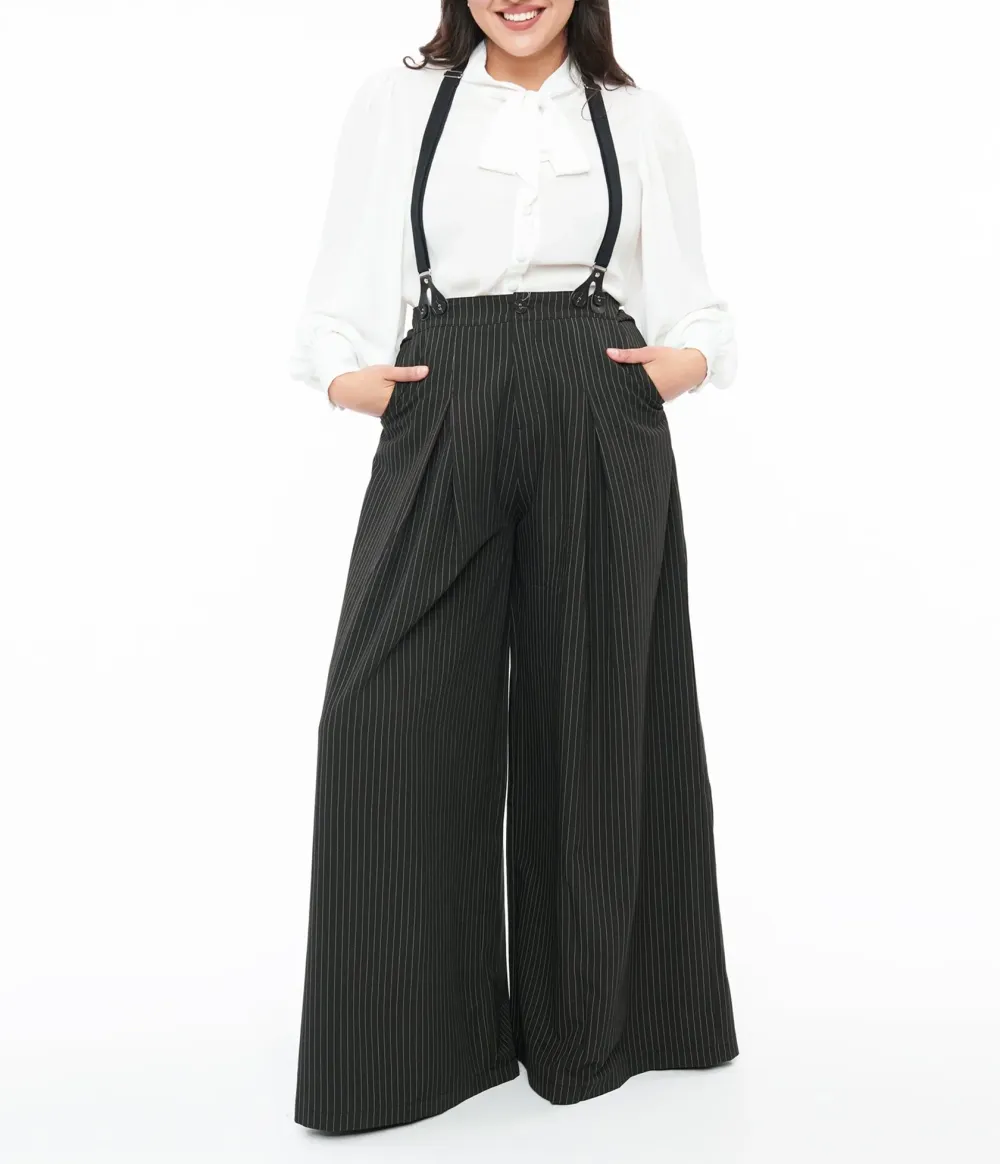 Voodoo Vixen Black & White Pinstripe Suspender Trousers