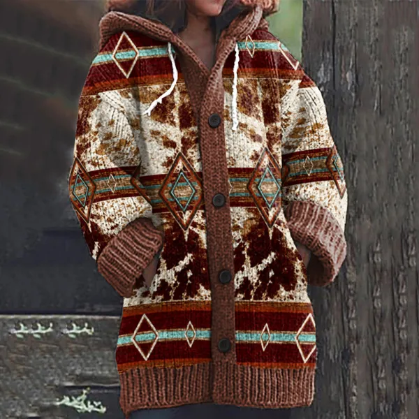 Vintage Western Print Cozy Knit Hooded Cardigan