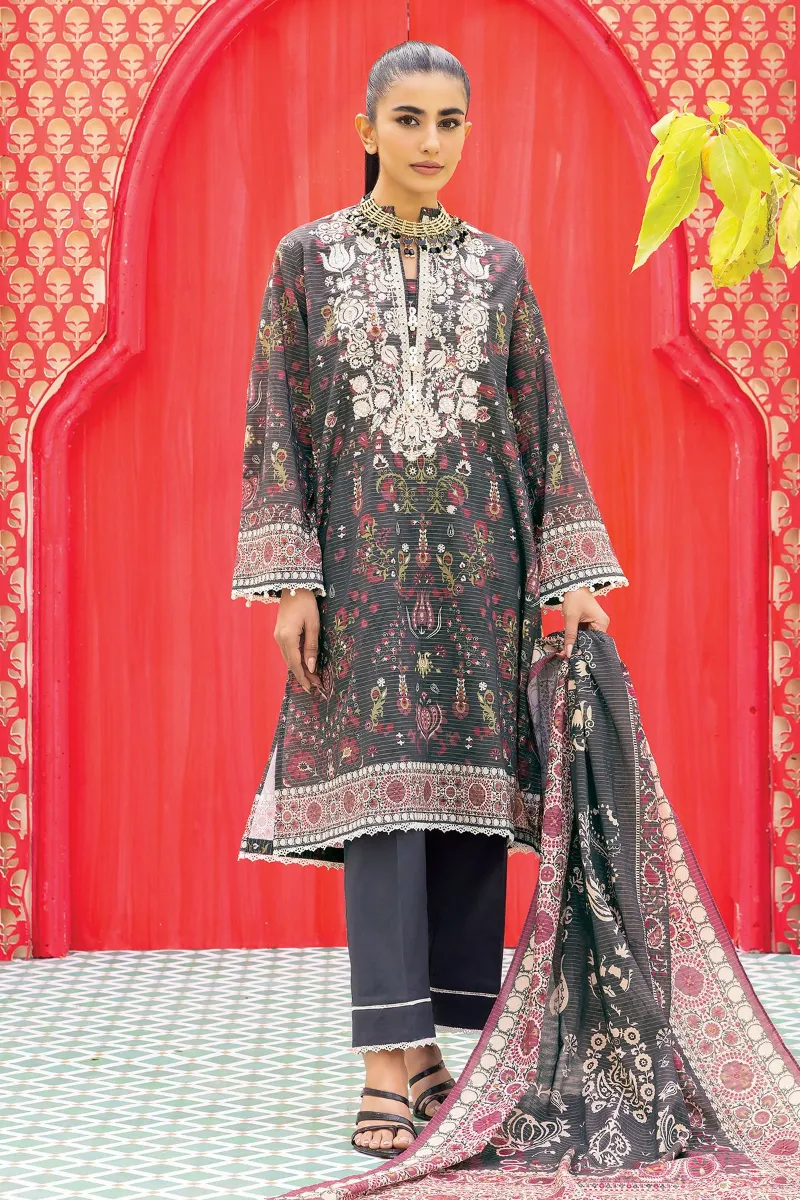 3 Piece Kurta Embroidered | Dupatta& Bottom & Tops | Color Dark gray