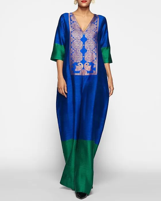 Satin embroidered kaftan dress