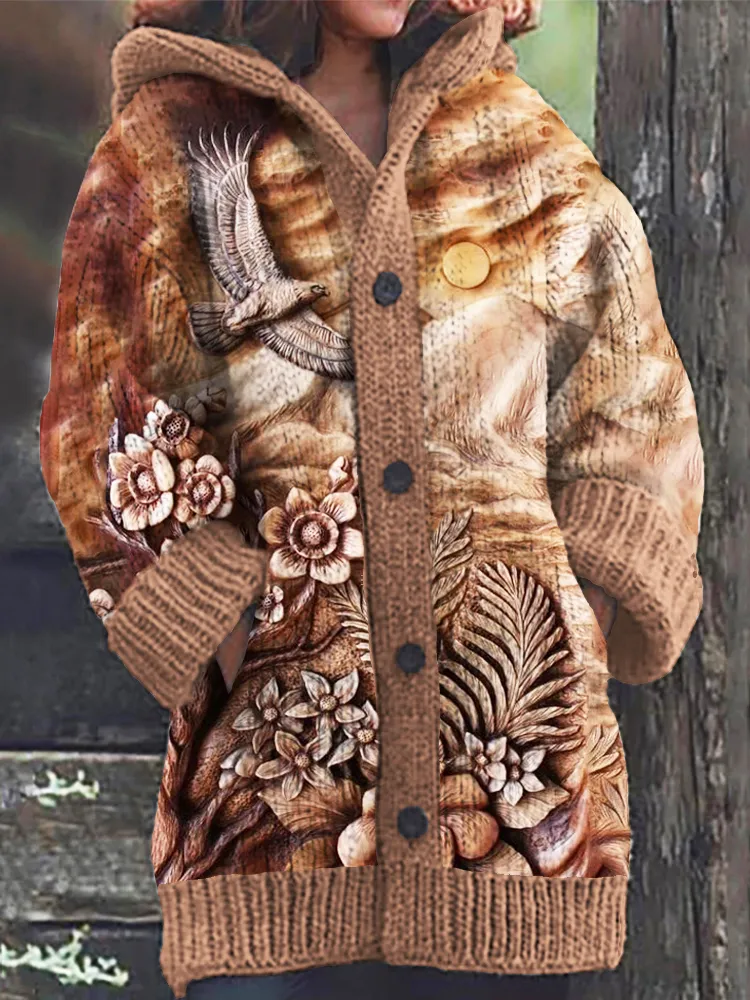 Western Desert & Eagle Print Women's Hooded Cardigan Sweater