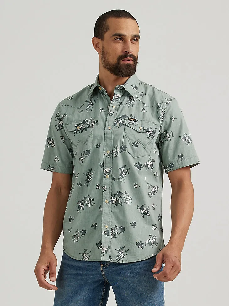 MEN'S SHORT SLEEVE PRINTED SHIRT IN CACTUS COWBOY GREEN