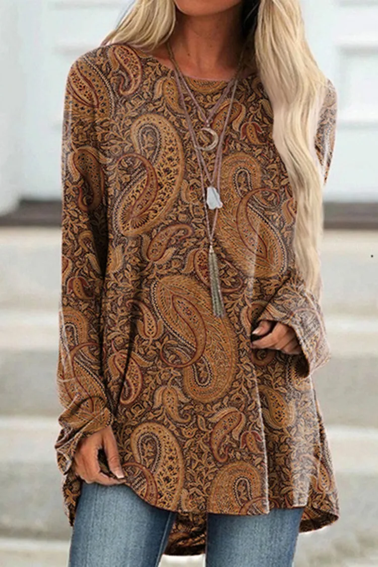 Vintage Print Long Sleeve Casual Tunic