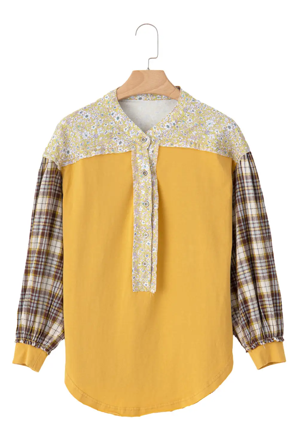 Yellow Floral Plaid Mixed Print Bishop Sleeve Patchwork Top