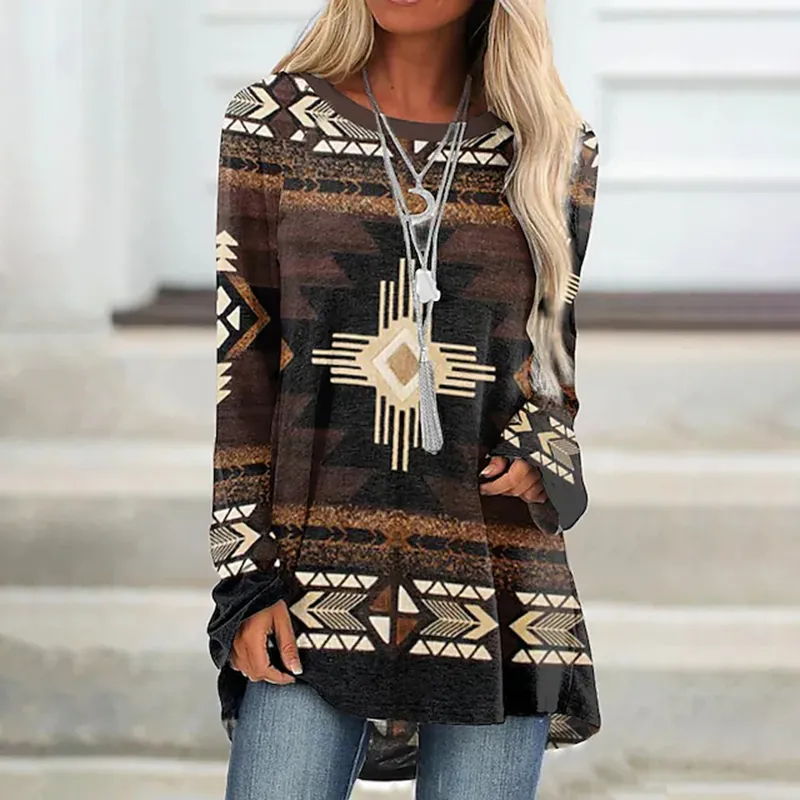 Round Neck Tribal Geometry Printed Long Sleeve Casual T-Shirt