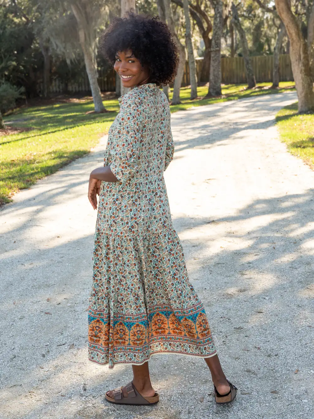 Rebecca Midi Dress - Cream Orange Border