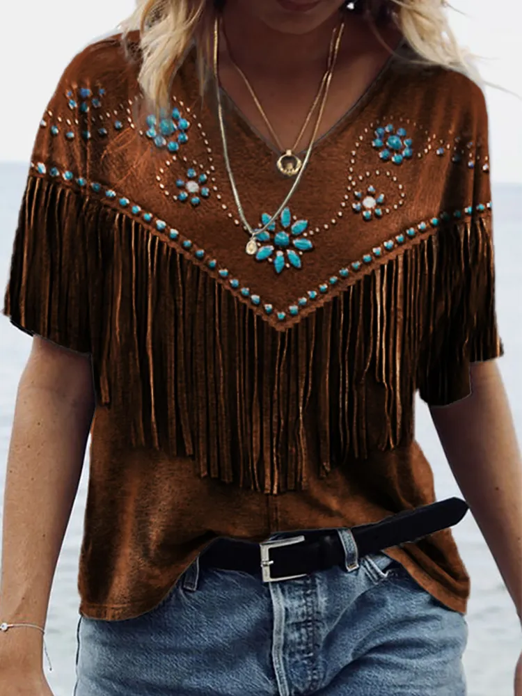 Western Turquoise Flowers Tassels V Neck T Shirt