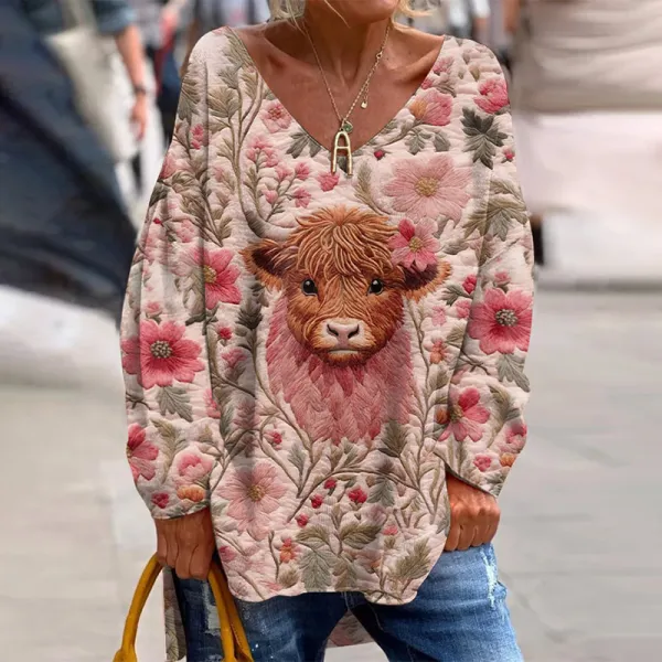 Flower Highland Cow Print V-Neck Long Sleeved Loose T-Shirt