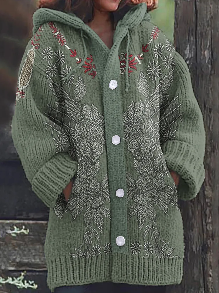 Women's Western Tribal Floral Cozy Hooded Cardigan