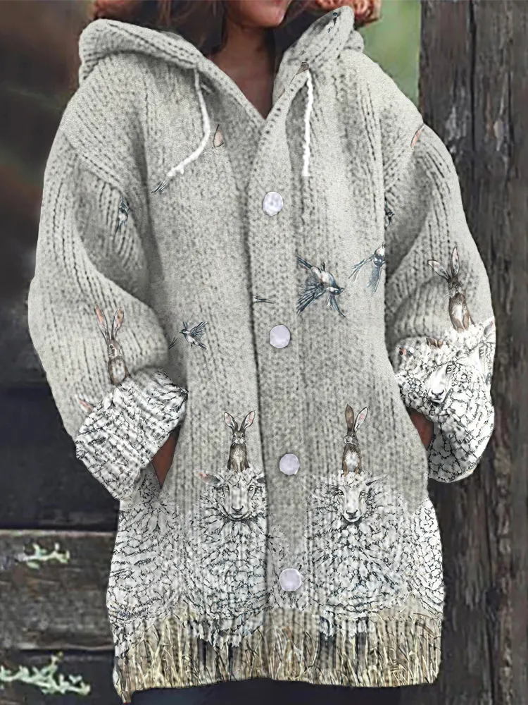 Casual Lamb Print Women'S Sweater Cardigan