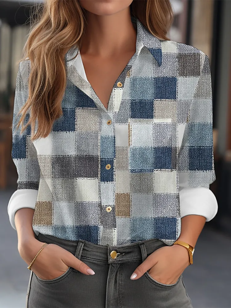 Vintage Denim Print Long Sleeve Shirt