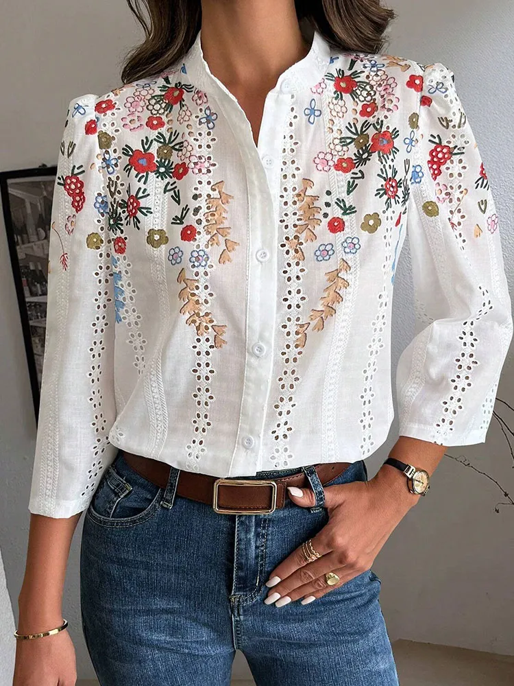 Women's Casual Retro Ethnic Style Embroidered Hollow Cotton Shirt