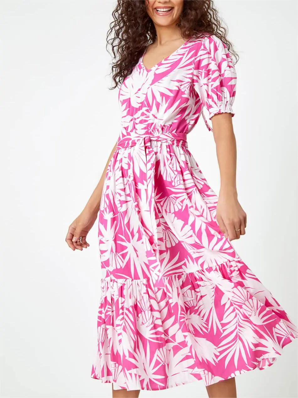 Fuchsia Cotton Floral Print Tiered Midi Dress