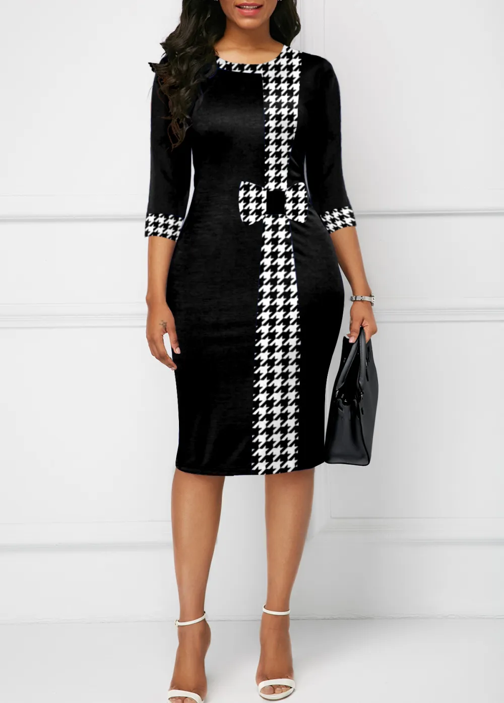 Houndstooth Print Bowknot Navy Knee Length Bodycon Dress