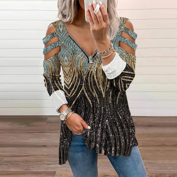 Gradient Sequin Casual Women's Zip Top