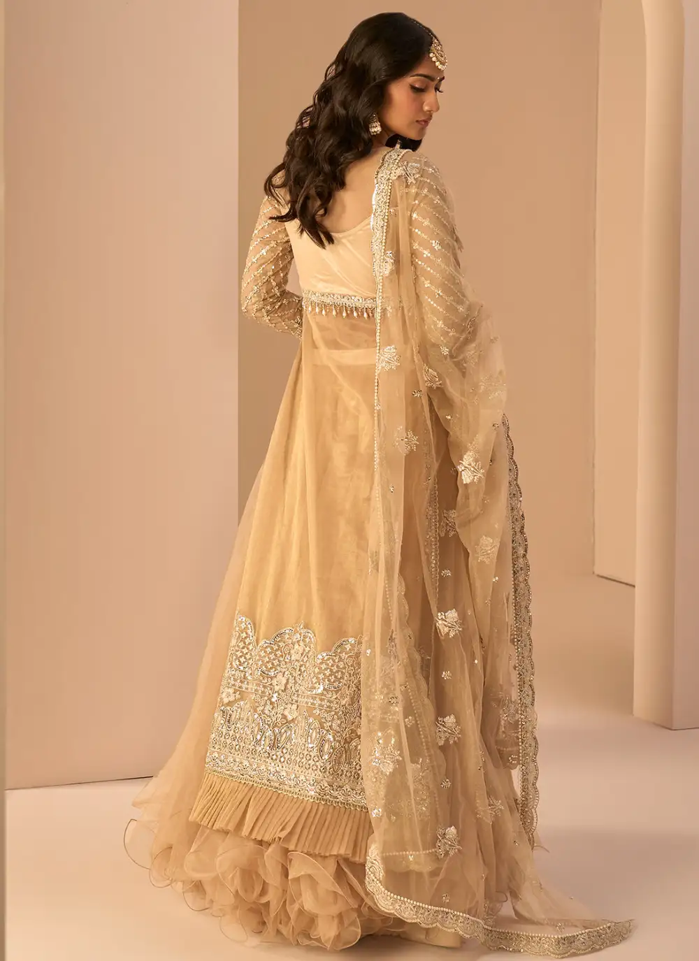 Golden Beige Embroidered Anarkali Style Lehenga