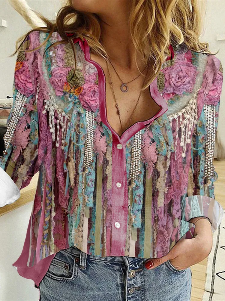 Western Fringed Print Long Sleeve Casual Shirt