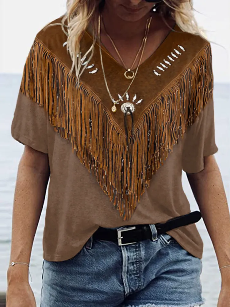 Vintage Western Fringe Print V-Neck Short Sleeve T-Shirt