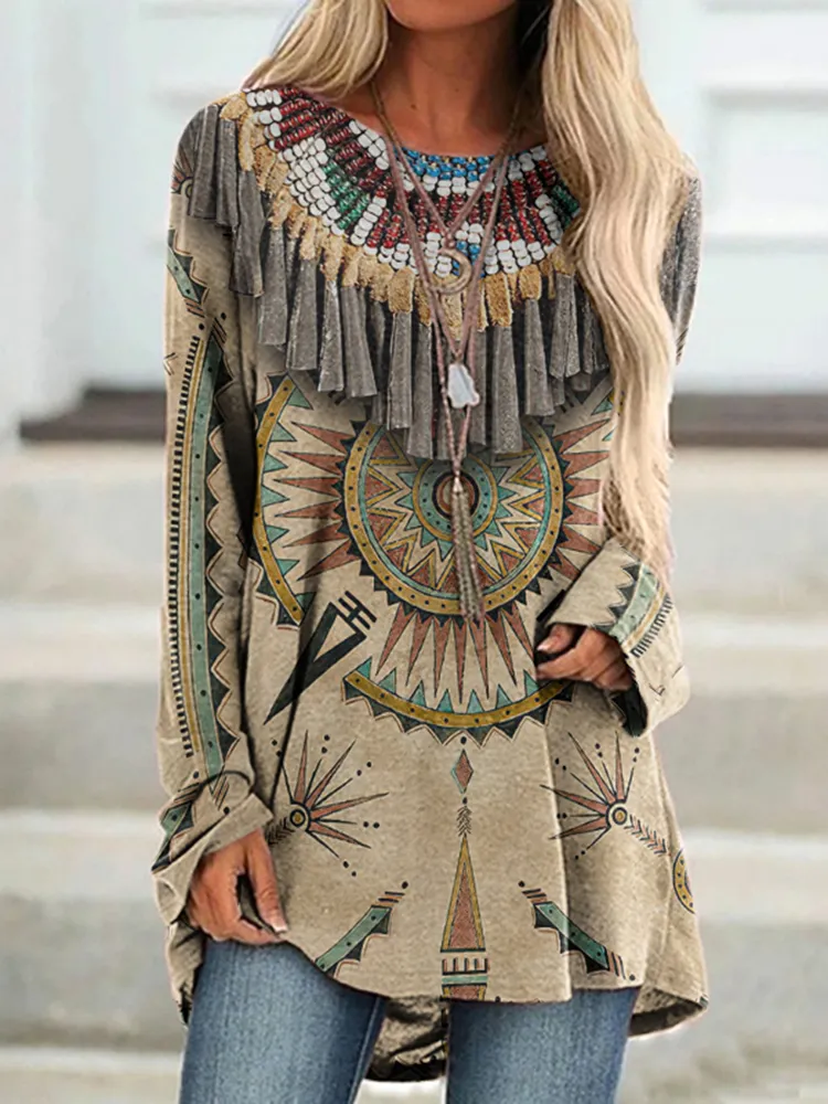 Vintage Western Fringe Print Long Sleeve Tunic