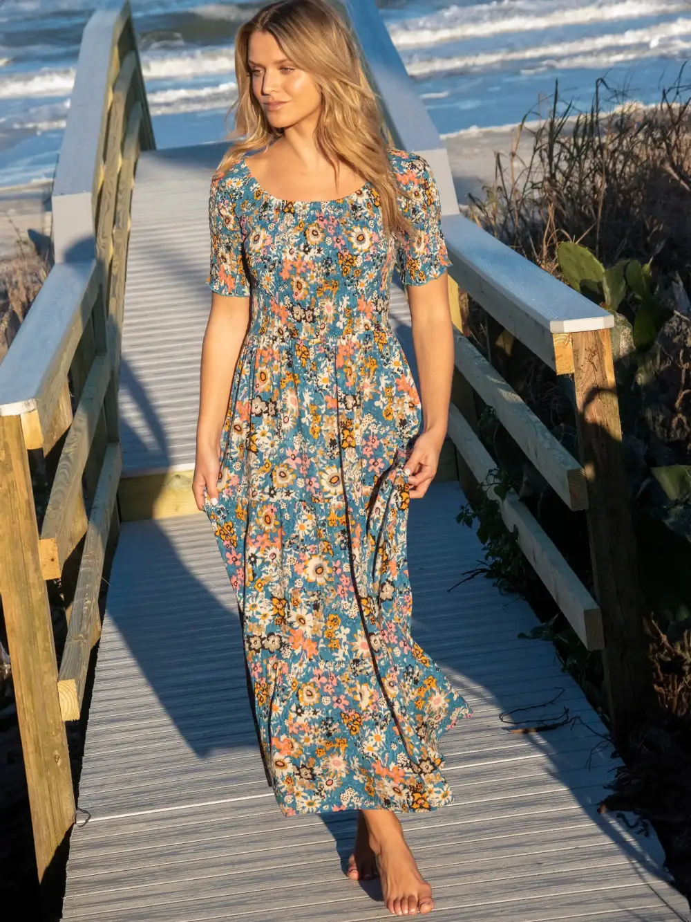 Daisy Tiered Maxi Dress - Blue Tan Floral