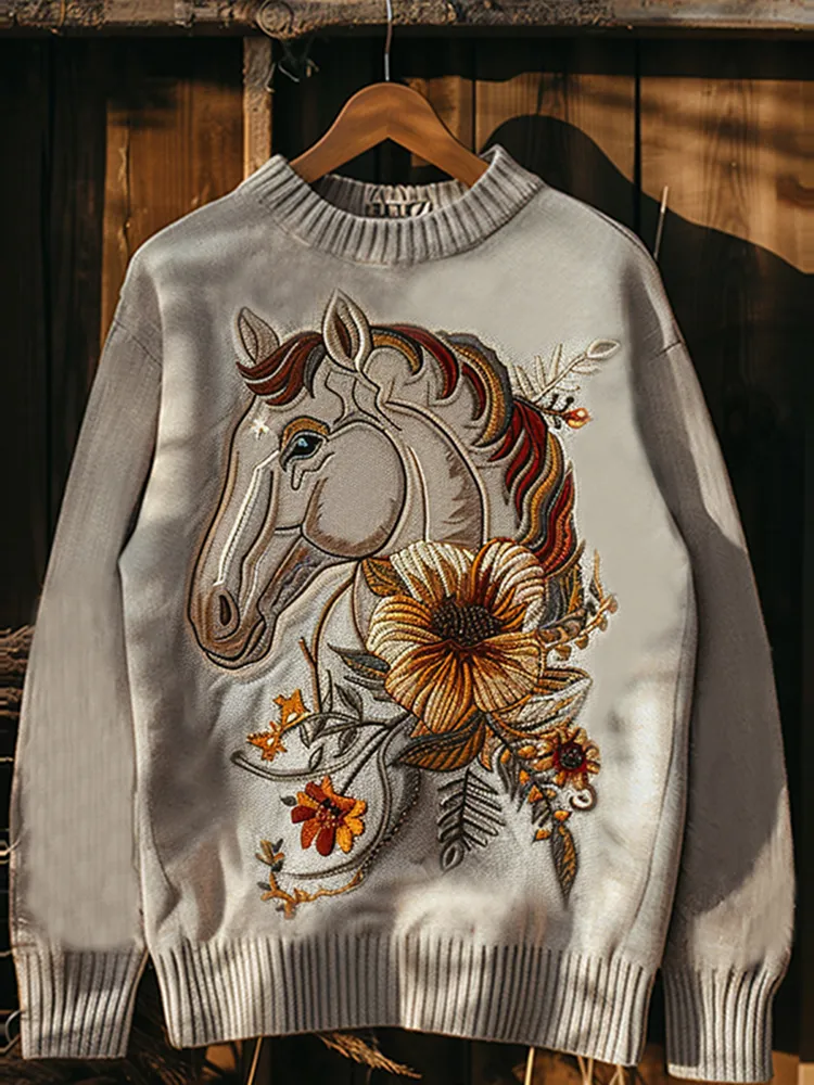 Western Floral Horse Print Round Neck Casual Sweatshirt