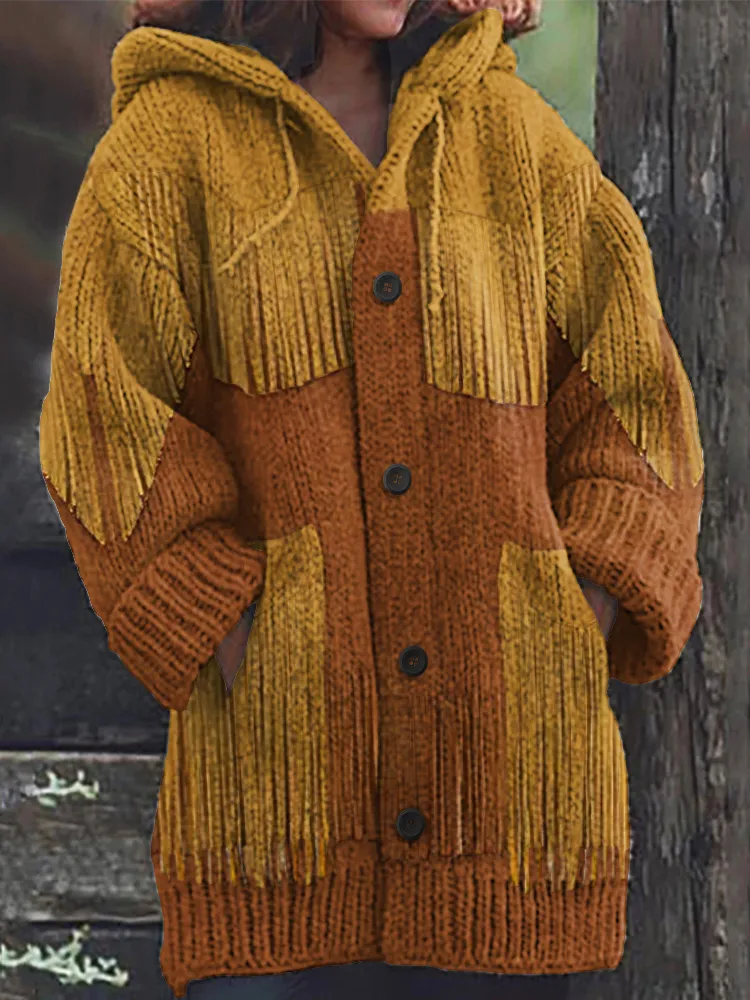 Western Fringe Print Knitted Hooded Cardigan